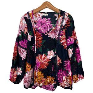 Cupio Womens Top Sz M Black Floral CottageCore FairyCore Romantic Lightwt Flowy